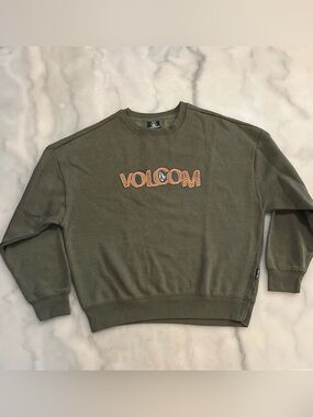 Volcom Olive Green Crewneck Sweater with Orange Logo